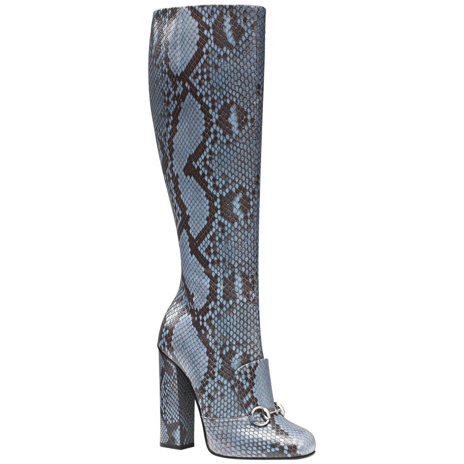 New GUCCI Campaign $3500 PYTHON Horsebit Knee High Boot Aquamarine It 37  US 7.5 For Sale