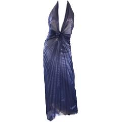 Randolph Duke 1990s Sexy Navy Blue Metallic Plunging Pleated Halter Evening Gown