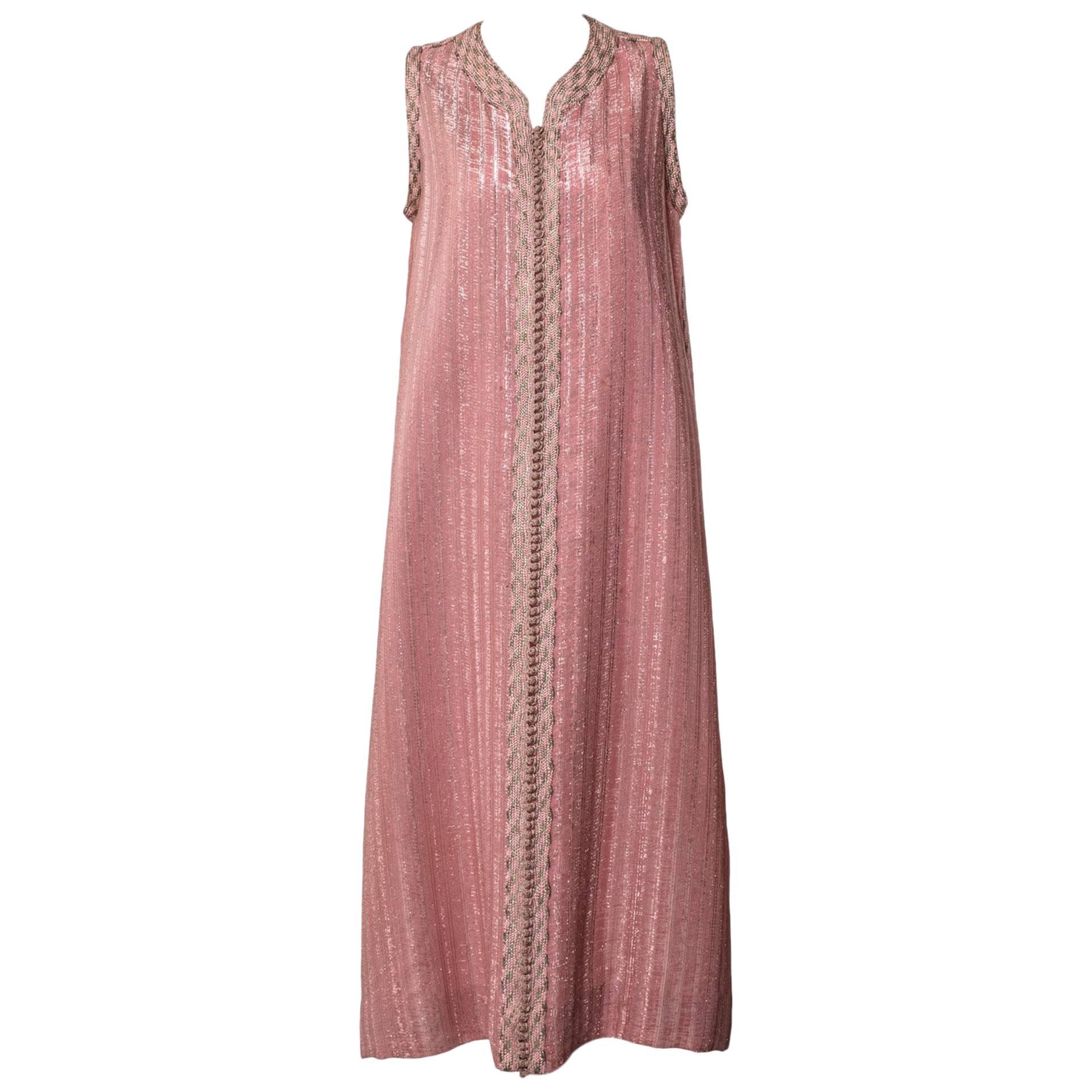 1960s Vintage  Moroccan Pink Silver Metallic Sleeveless  Caftan Dress