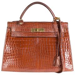 Vintage Hermes 32cm Cognan Croc Kelly Bag from 1991