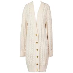Vintage Chanel Cream Colored Merino Wool Long Cardigan with Pearls circa 1990s