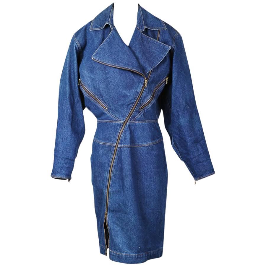 Alaia Denim Coat Dress with Full Length Zipper circa 1980s