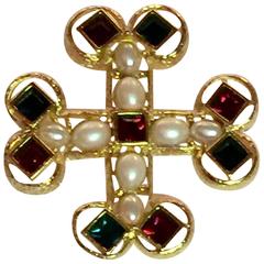 Vintage 1990s Joan Rivers Hammered Goldtone Iron Cross Pearl and Stone Brooch/Pin