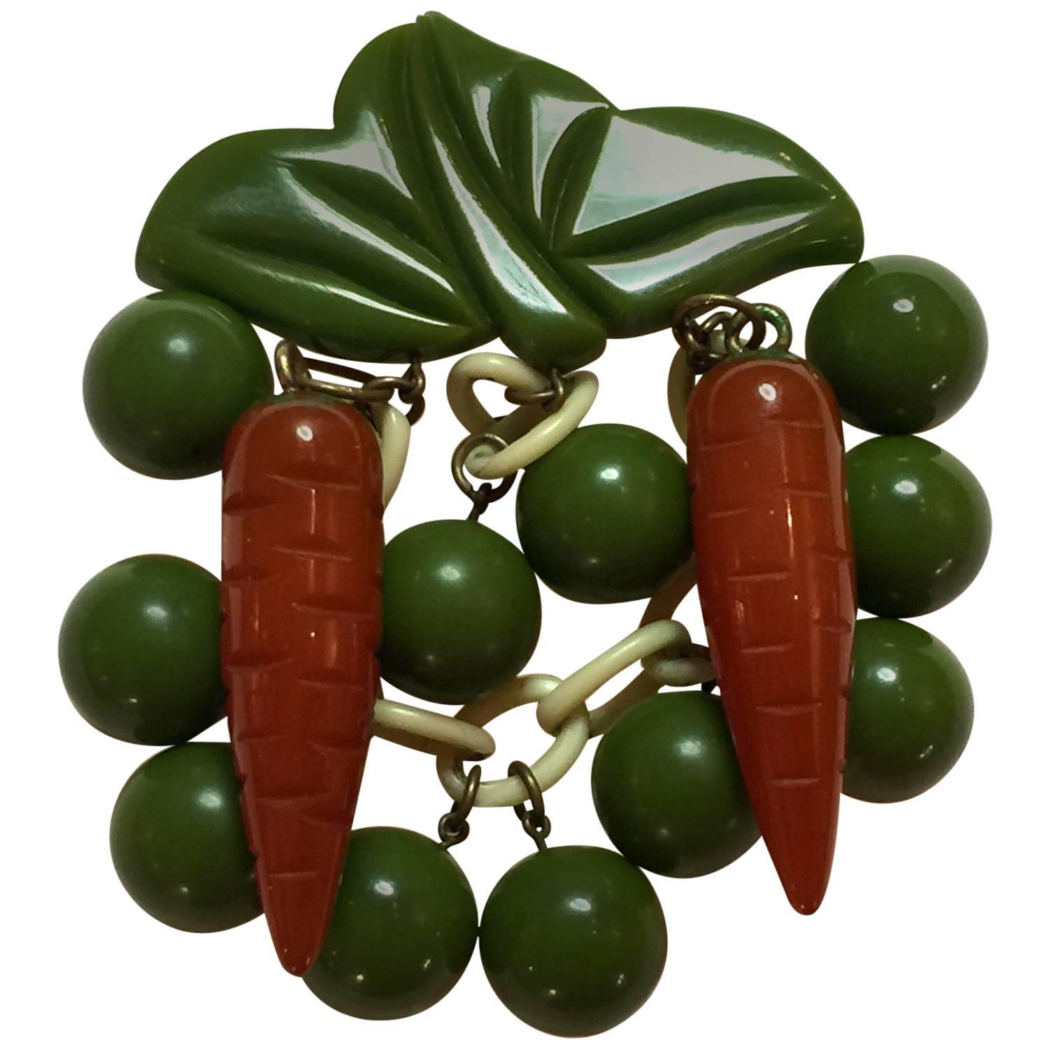 1930s Whimsical Bakelite Peas and Carrots Figural Brooch/Pin For Sale