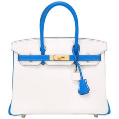 Hermes HSS White And Blue Hydra Clemence Birkin 30cm Brushed Gold Hardware