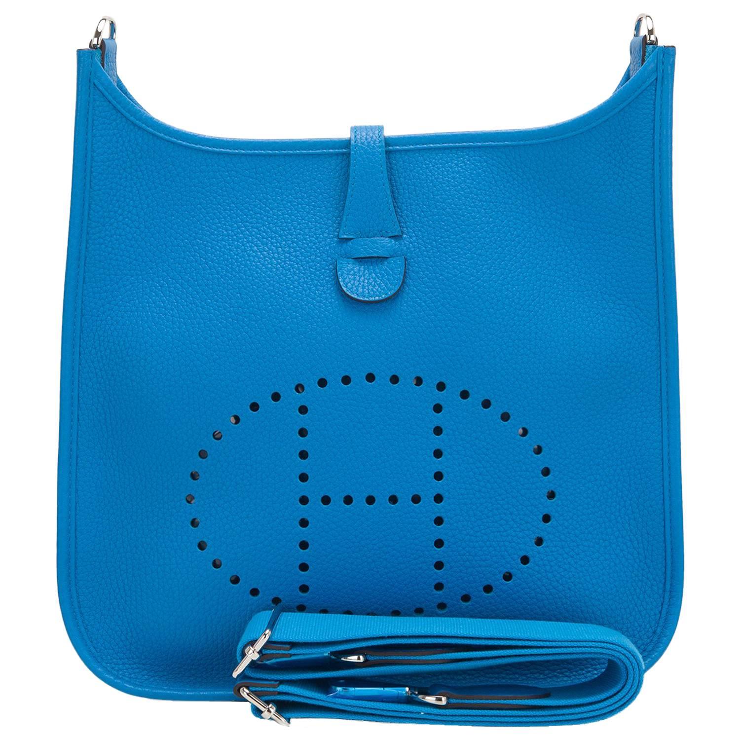 Hermes Blue Zanzibar Clemence Evelyne PM Bag For Sale
