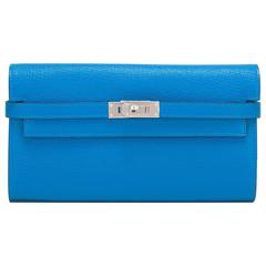 Hermes Blue Zanzibar Palladium Hardware Chevre Mysore Kelly Long Wallet