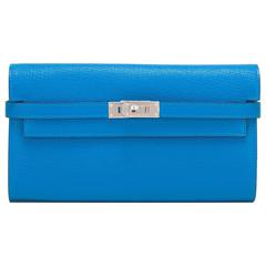 Hermes Blue Zanzibar Palladium Hardware Chevre Mysore Kelly Long Wallet 