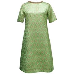 Late 1960s Yves Saint Laurent Goldtone and Green Brocarde Dress