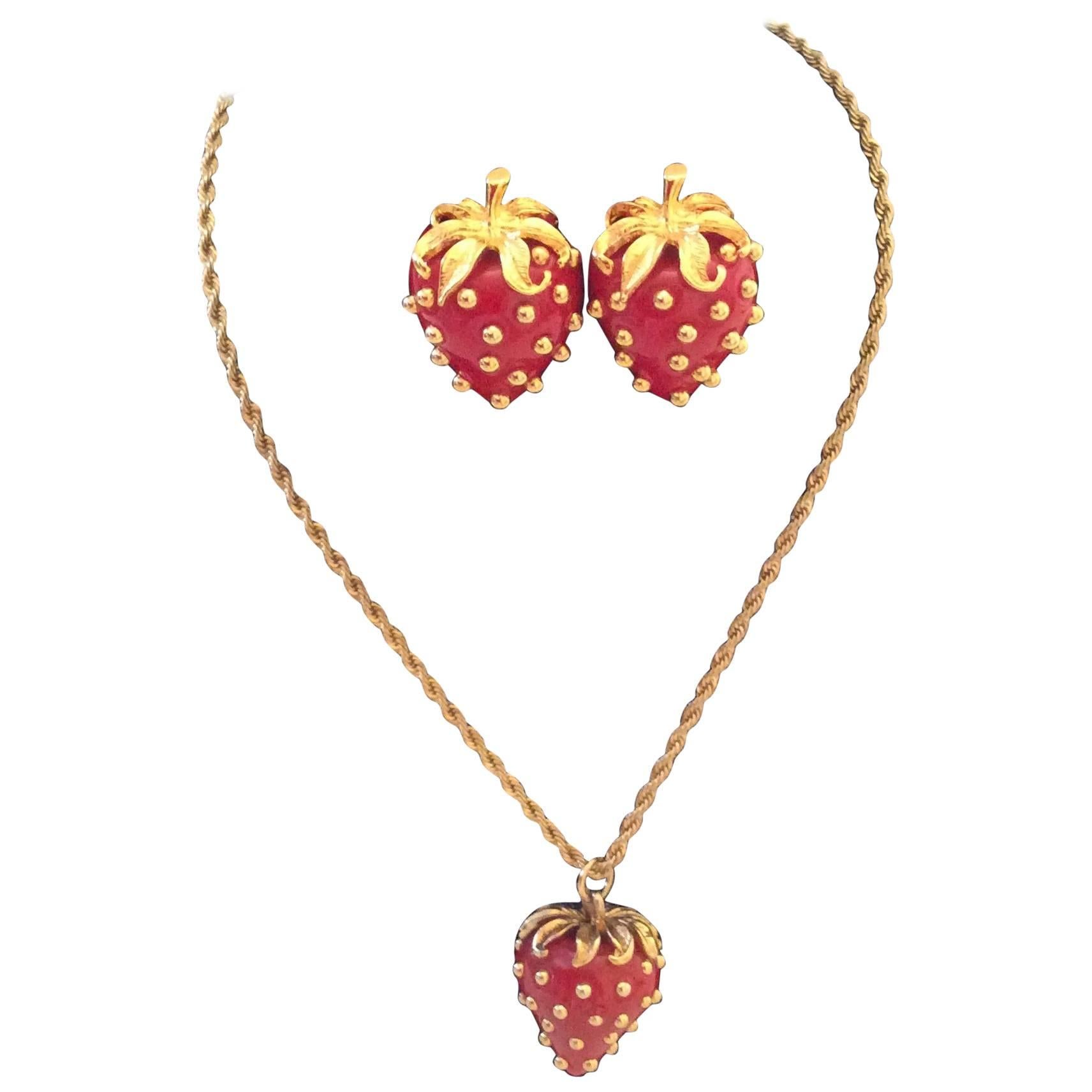 Kenneth J. Lane (KJL) Strawberry Necklace and Earring Set  For Sale