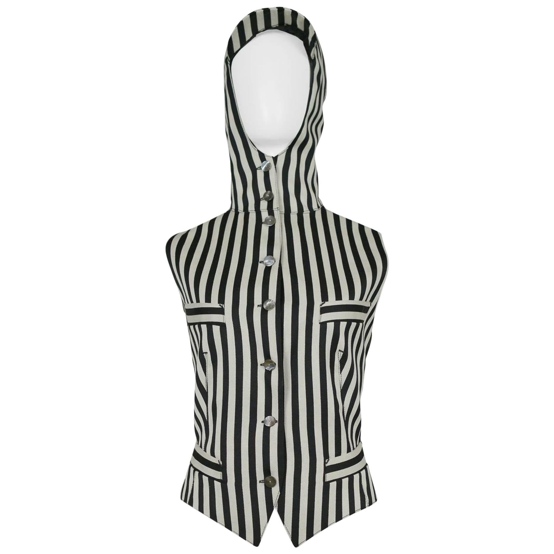Vintage Jean Paul Gaultier Black & White Stripe Hooded Vest 1991