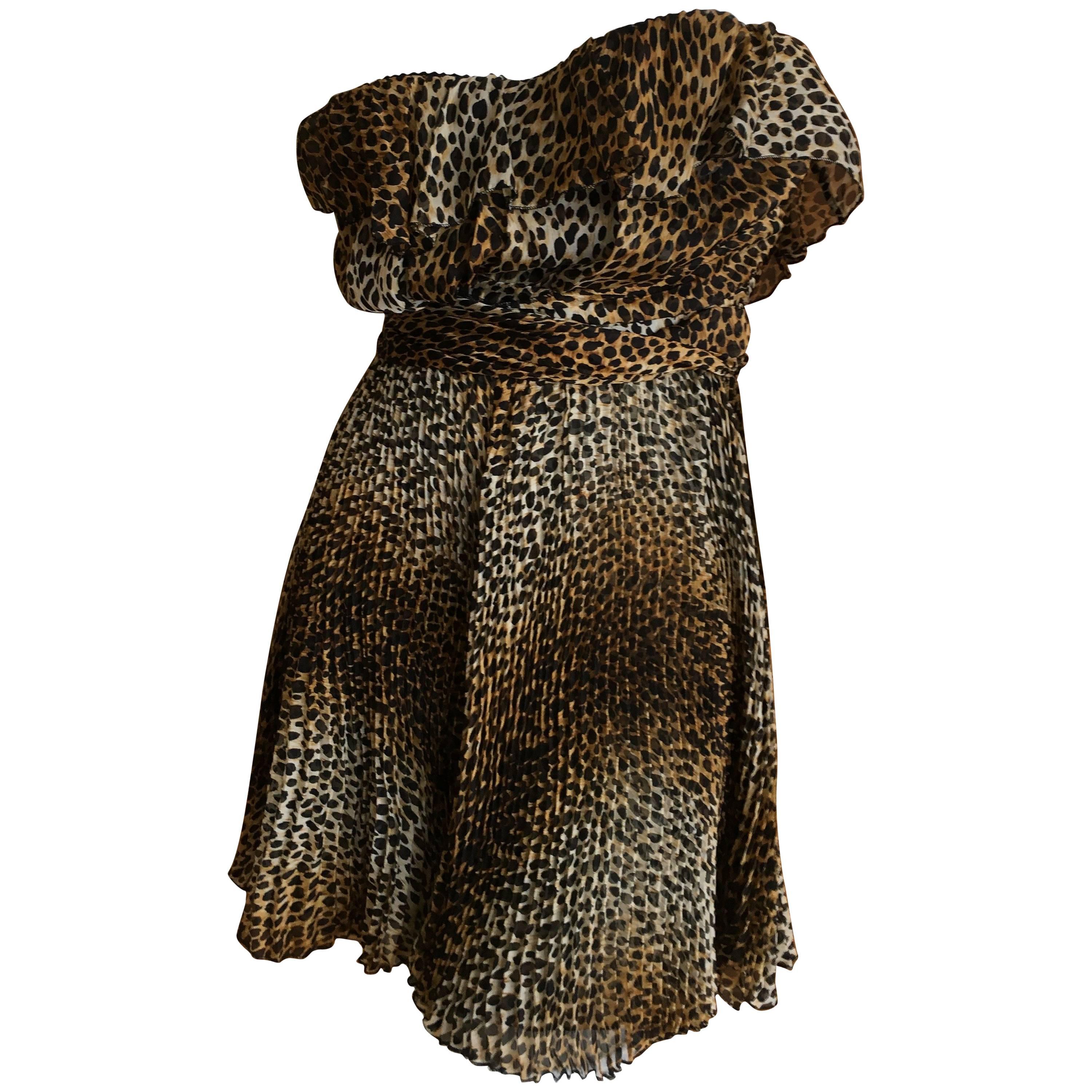 Vintage Dolce & Gabbana D&G Pleated Leopard Print Silk Mini Dress For Sale