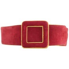 Ungaro Red Suede Belt with Gold Chain Trim - 38 - 1980's 