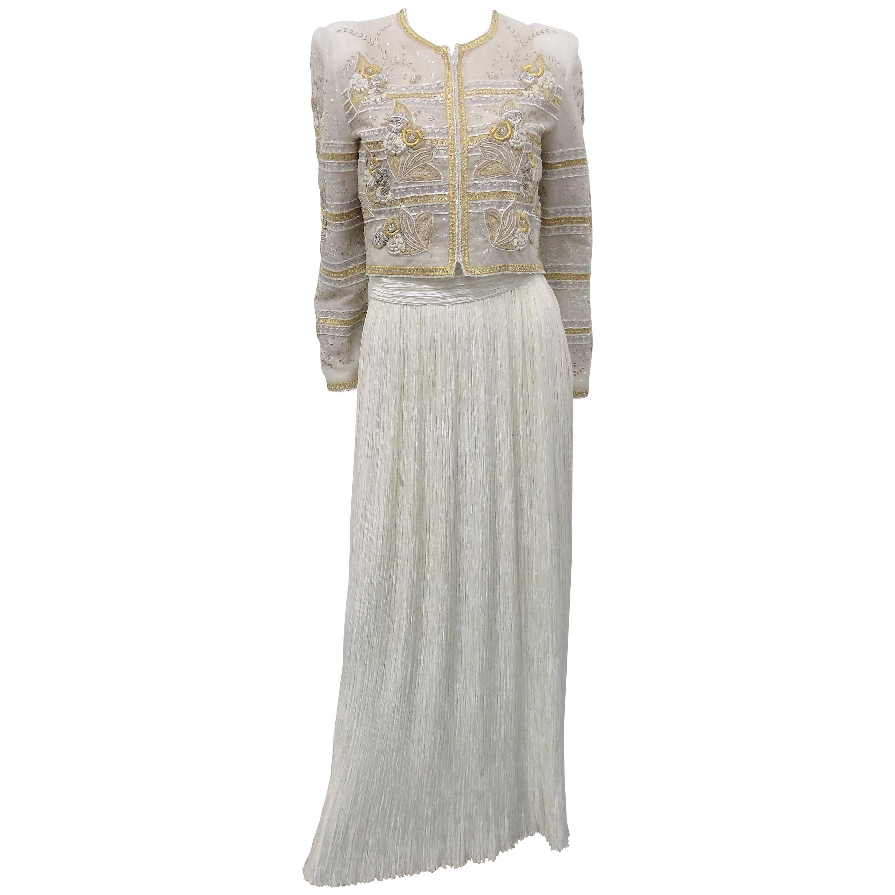 Mary McFadden Couture Bolero beaded jacket with pleated skirt For Sale