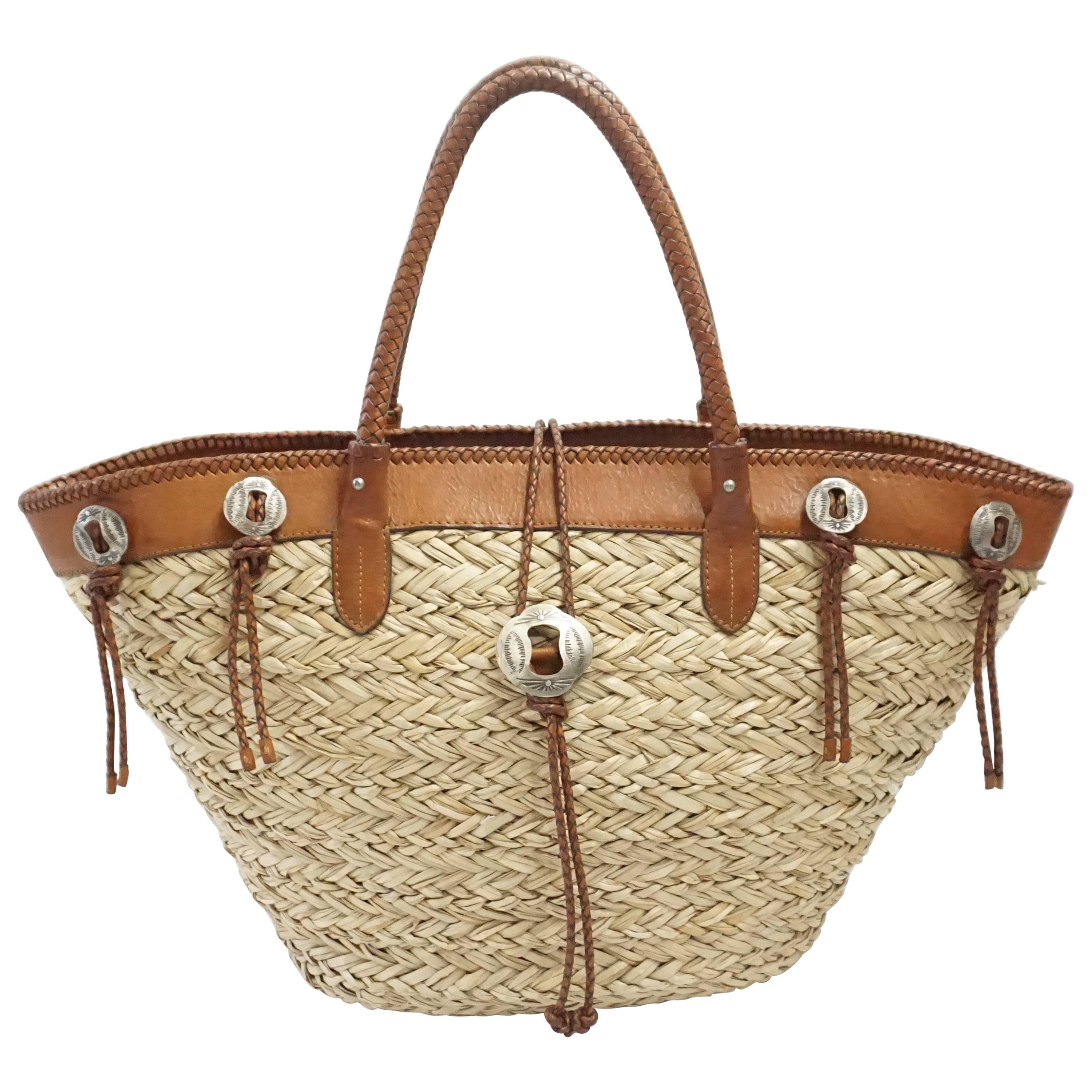 Ralph Lauren Straw and Brown Leather Tote Bag 