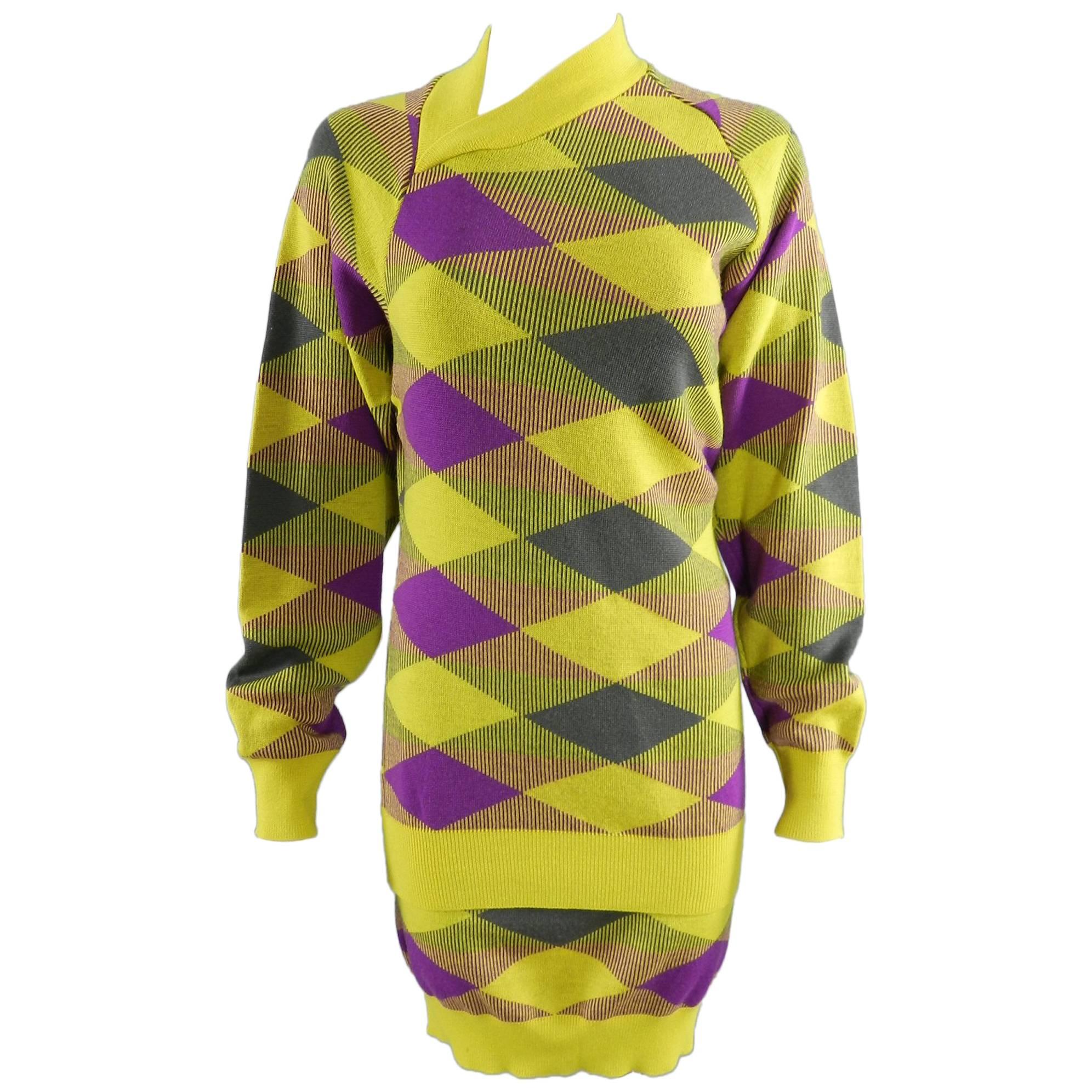 Issey Miyake 1980s Yellow and Purple Sweater and Skirt Set