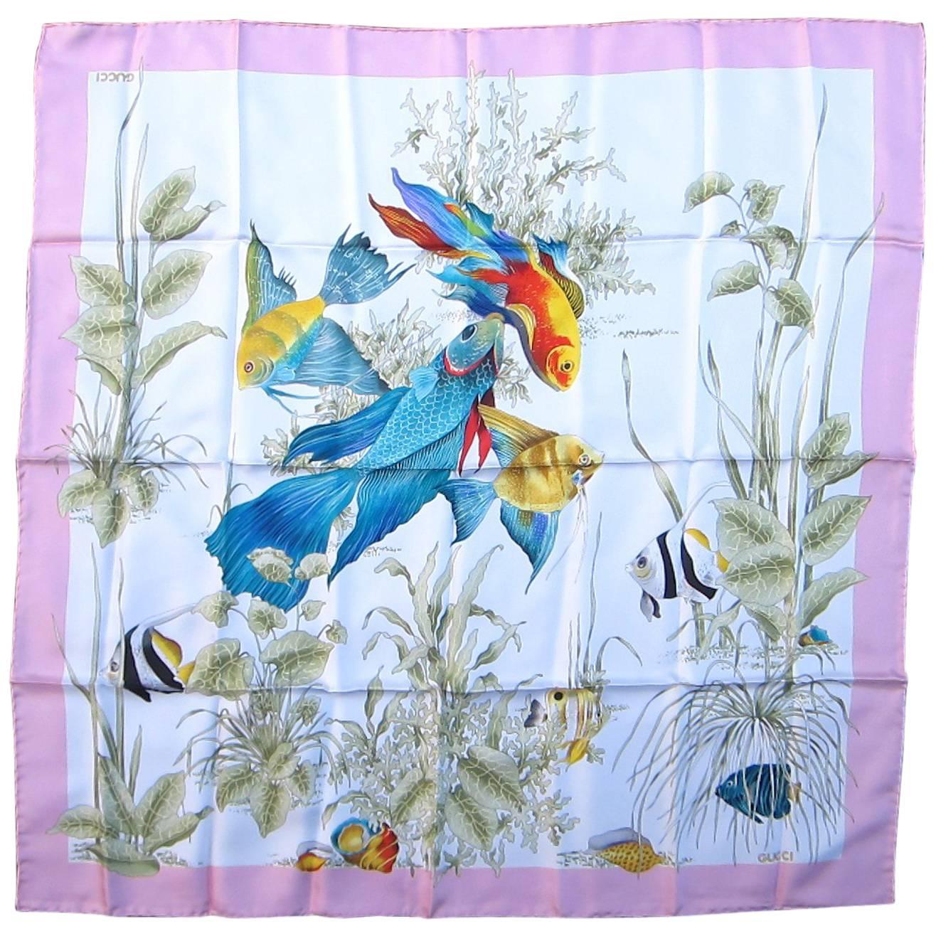 Vintage NEW GUCCI Silk Scarf Fish Motif  Never worn 1990s