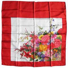 Gucci RED Floral Motif silk Scarf 1980s Never worn New Old Stock 10