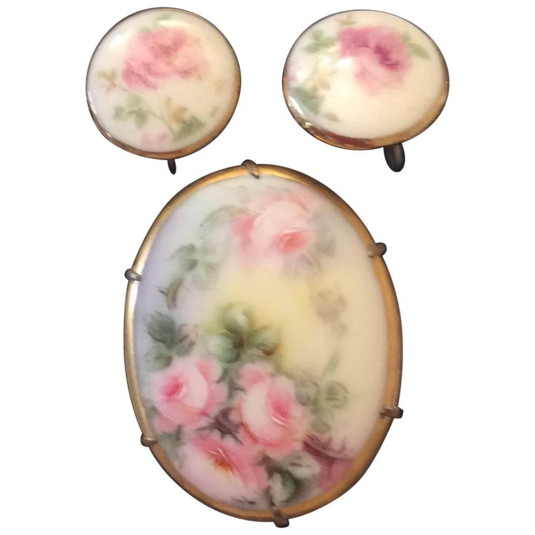 1920's  Brooch and Earring Set - Porcelain - Handpainted - Rare For Sale