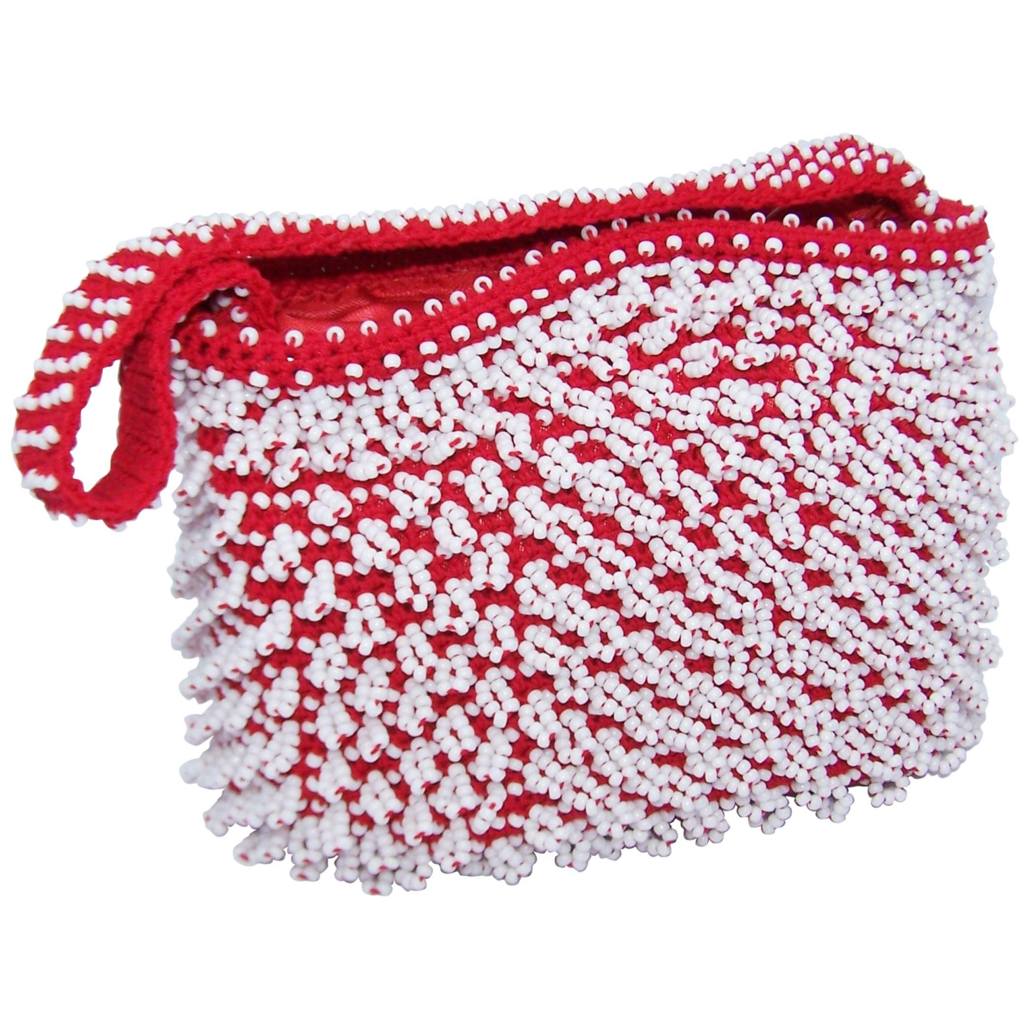 Mod 1960's Walborg Red & White Beaded Handbag