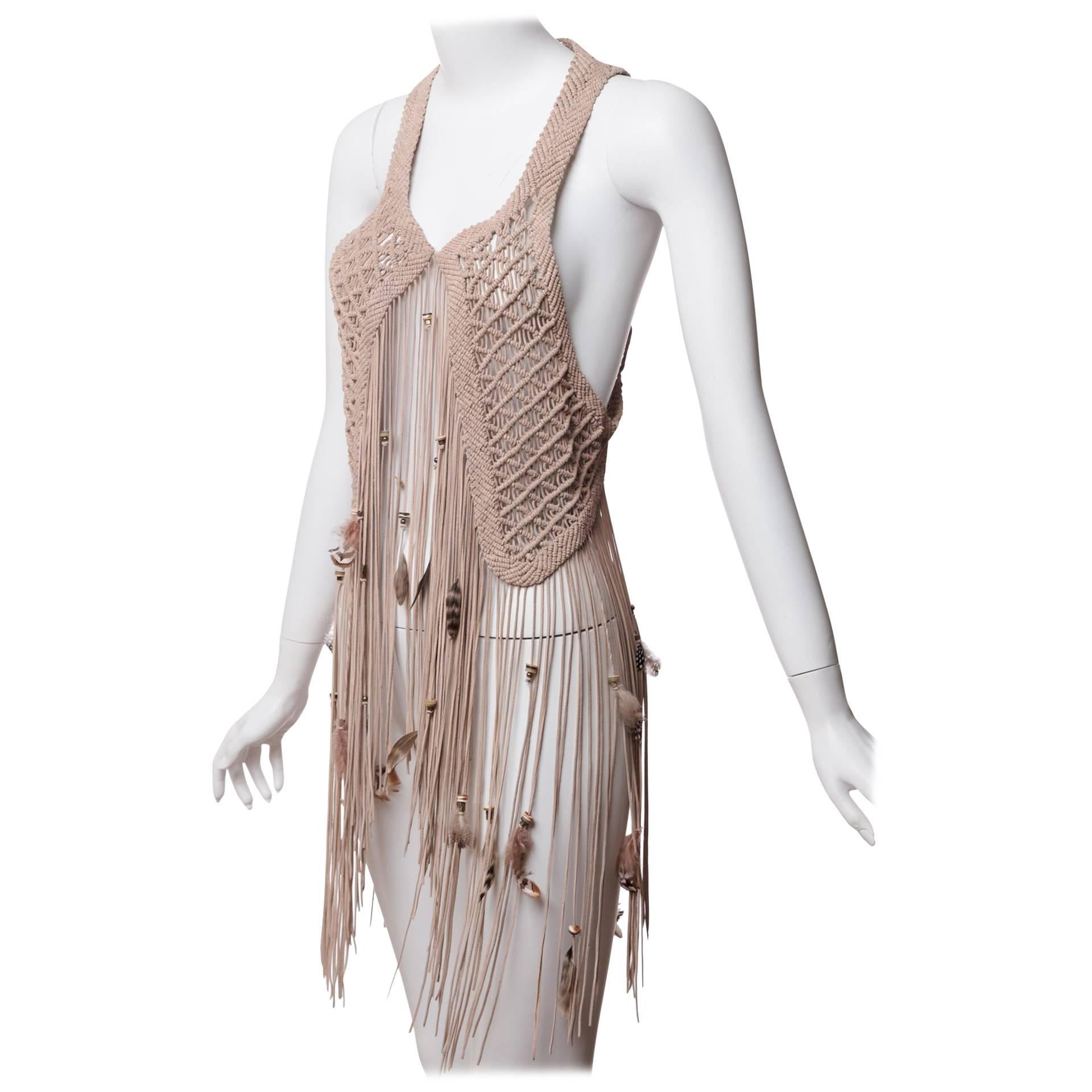 Roberto Cavalli s/s 2011 Leather Macrame Feather Beads Fringe Vest 