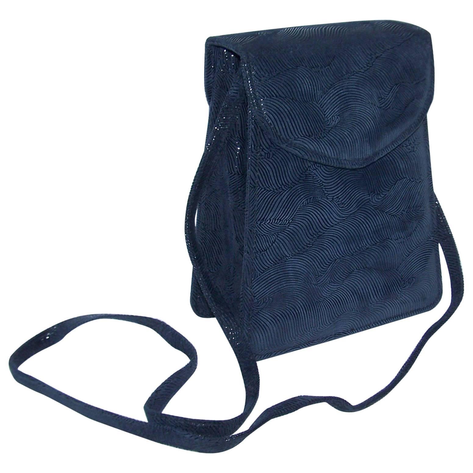 Textural C.1990 Michelle LaLonde Suede Leather Navy Blue Handbag