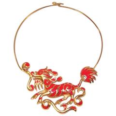 Retro Exotic C.1970 Crown Trifari Dragon Foo Dog Collar Necklace