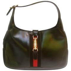 Retro Gucci Italy Iconic Black Leather Piston Jackie O Handbag ca 1970s