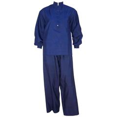 1970's Yves Saint Laurent Rive Gauche Sapphire Blue Silk Pajama Suit