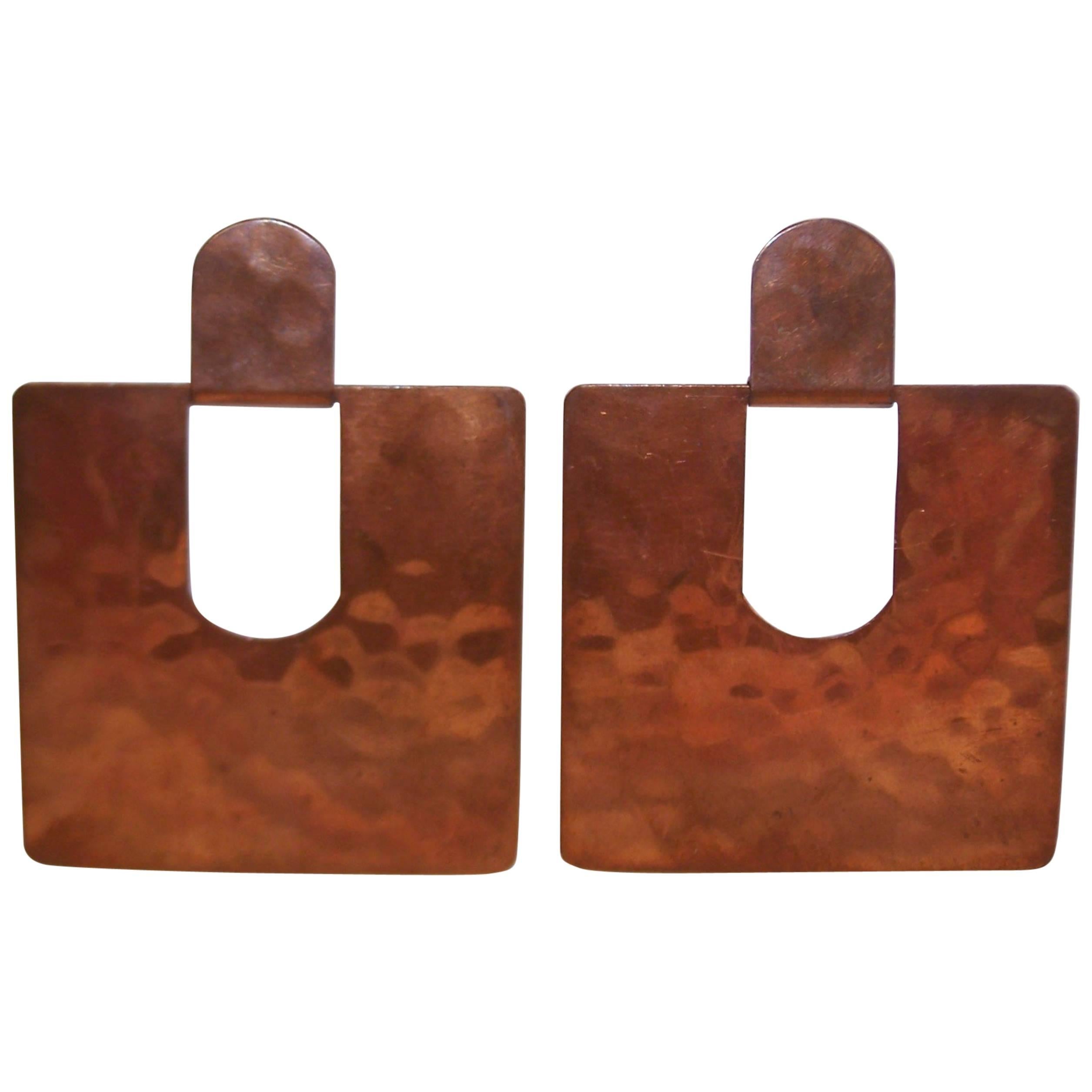 Modernist 1970's Large Handmade Copper Door Knocker Pierced Earrings