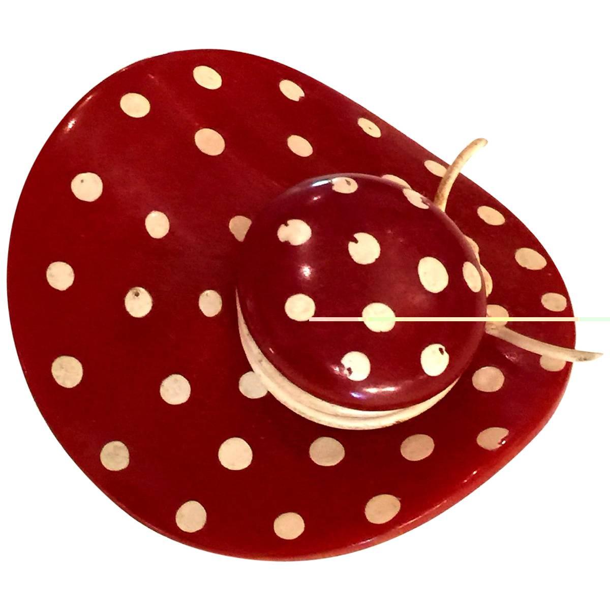 1930s Red Bakelite Polka Dotted Figural Hat Brooch/Pin For Sale