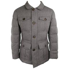 BRUNELLO CUCINELLI XS Grey Quilted Wool/Silk/Cashmere Patch Pocket Puffer Jacket