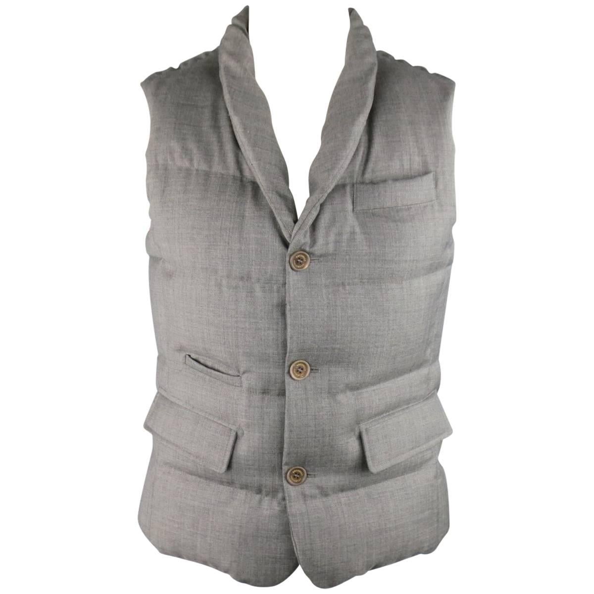Men's BRUNELLO CUCINELLI 40 Grey Quilted Wool Shawl Collar Puffer Vest