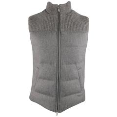 Men's BRUNELLO CUCINELLI S Grey Quilted Wool/ Silk/Cashmere Half Knit Puff Vest
