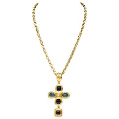 1997 Chanel Gold Tone Necklace with Blue Poured Glass Details 1