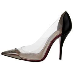 Christian Louboutin New Black Leather Silver PVC Detail Evening Heels Pumps