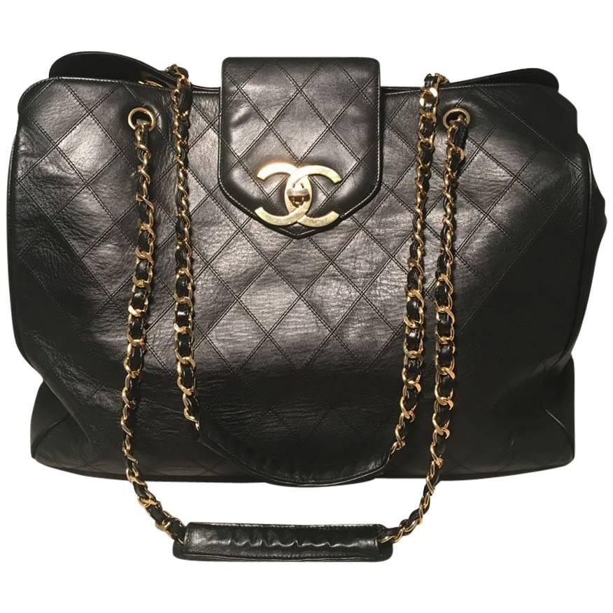 Chanel Vintage Black Leather Model Tote Overnighter Travel Bag