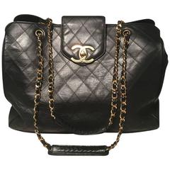 Chanel Vintage Black Leather Model Tote Overnighter Travel Bag 10