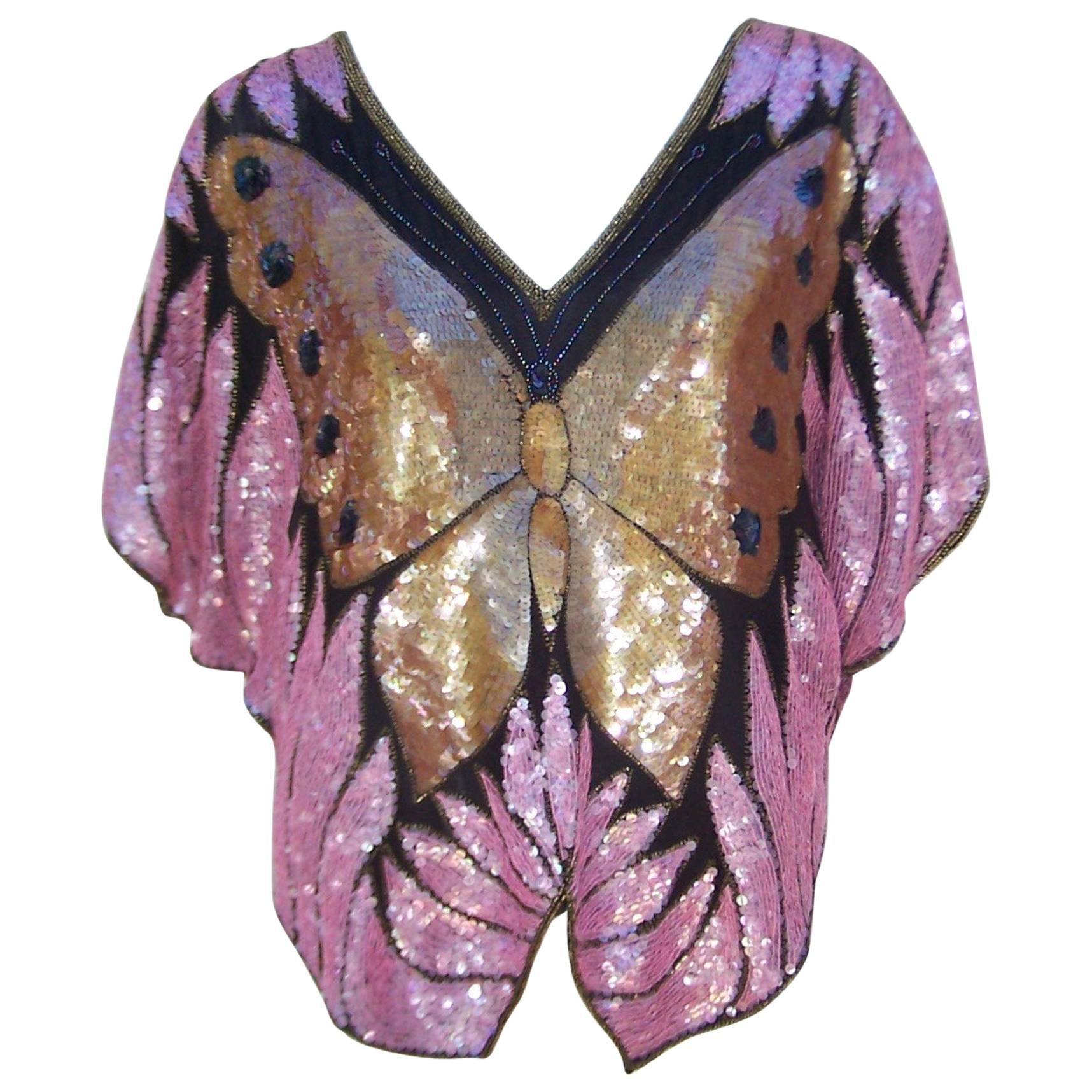 Glam 1970's Saks Fifth Avenue Sequin Disco Butterfly Top
