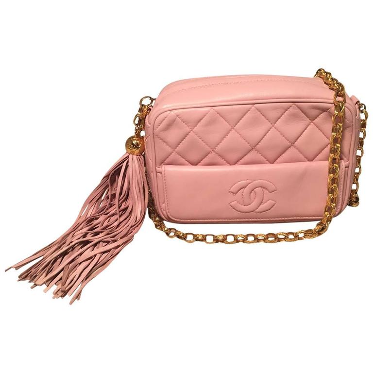 Chanel Vintage Pink Quilted Leather Tassel Zip Classic Shoulder Bag at