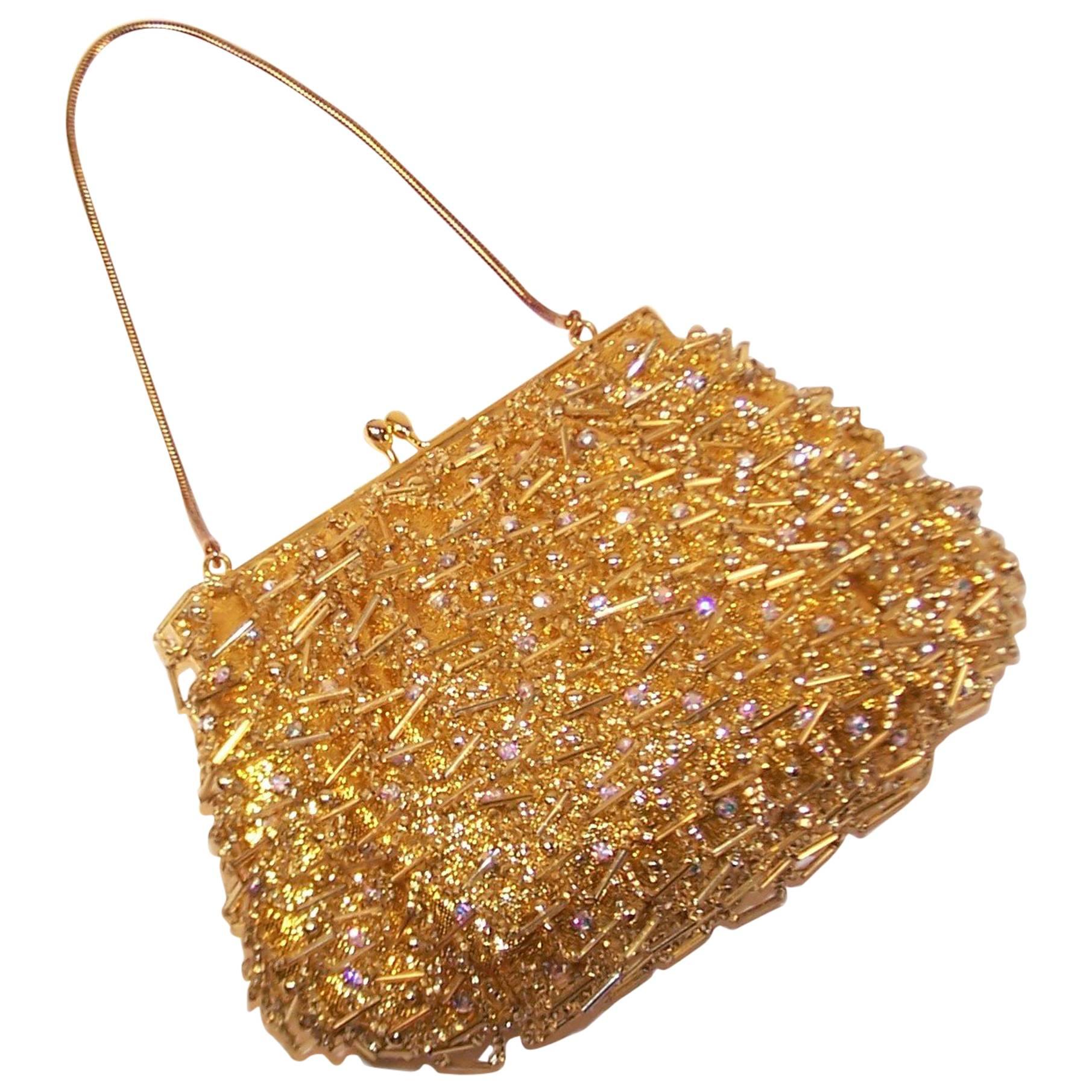 1960's Magid Gold Beaded & Rhinestone Embellished Evening Handbag