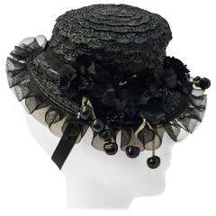 Vintage 40s Black Straw Hat 