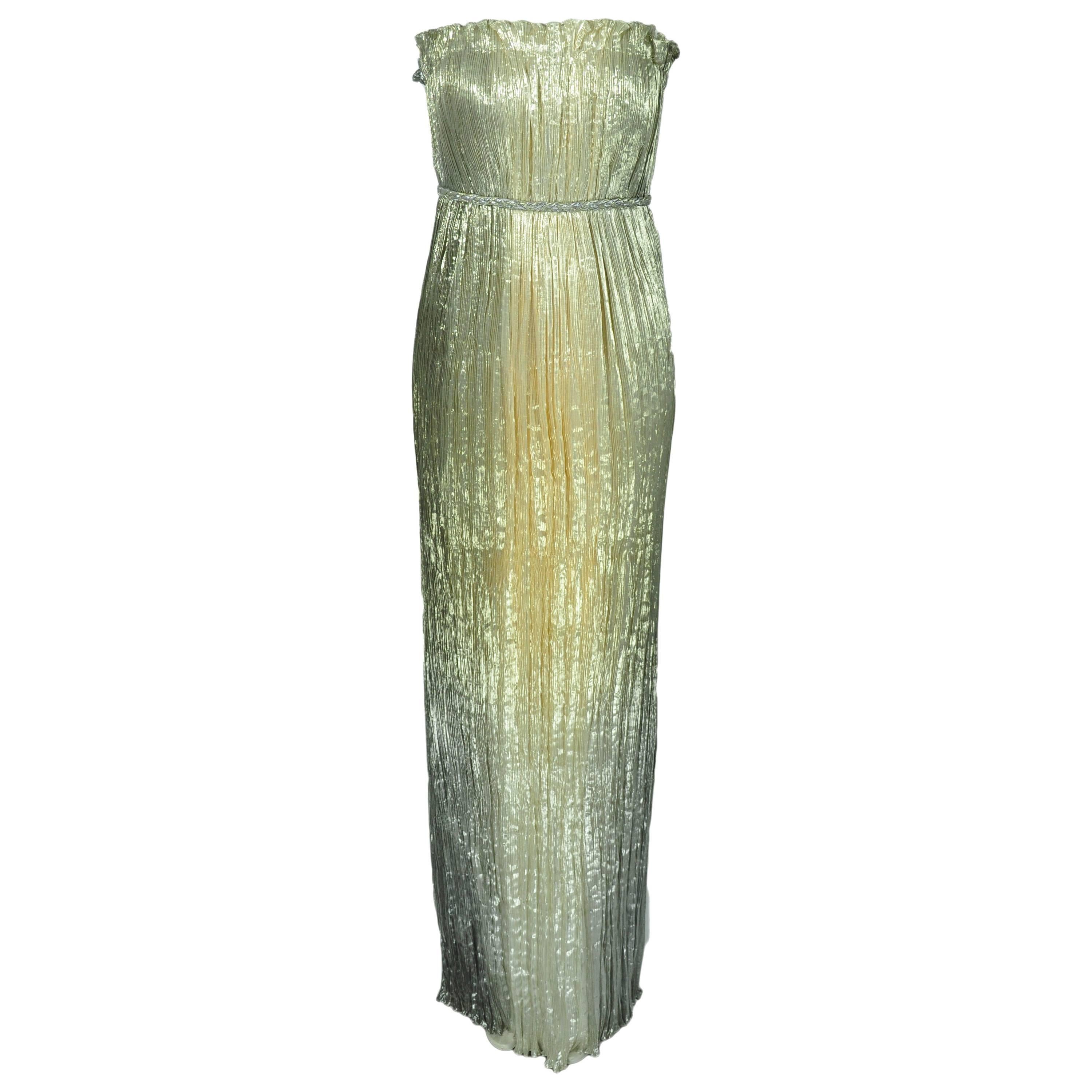 Oscar de la Renta Metallic Gold and Silver Silk Pleated Strapless Gown For Sale