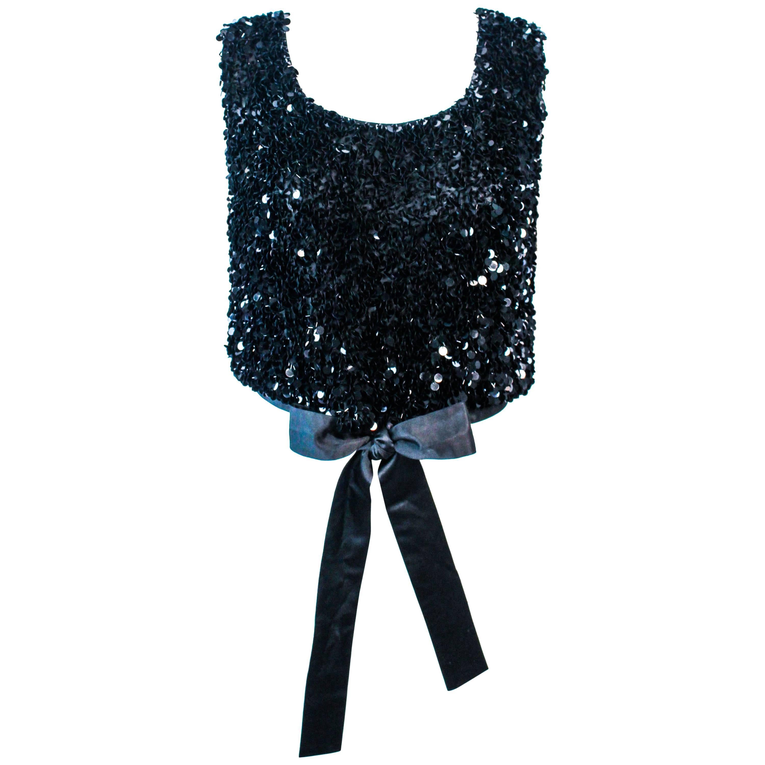 BONNIE WONG - Camicetta con applicazioni di paillettes nera degli anni '50, taglia 4 6 in vendita