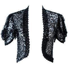 ANTIQUE 1930'S Black Sequin Mesh Jacket with Zipper Sleeves Size 4 8