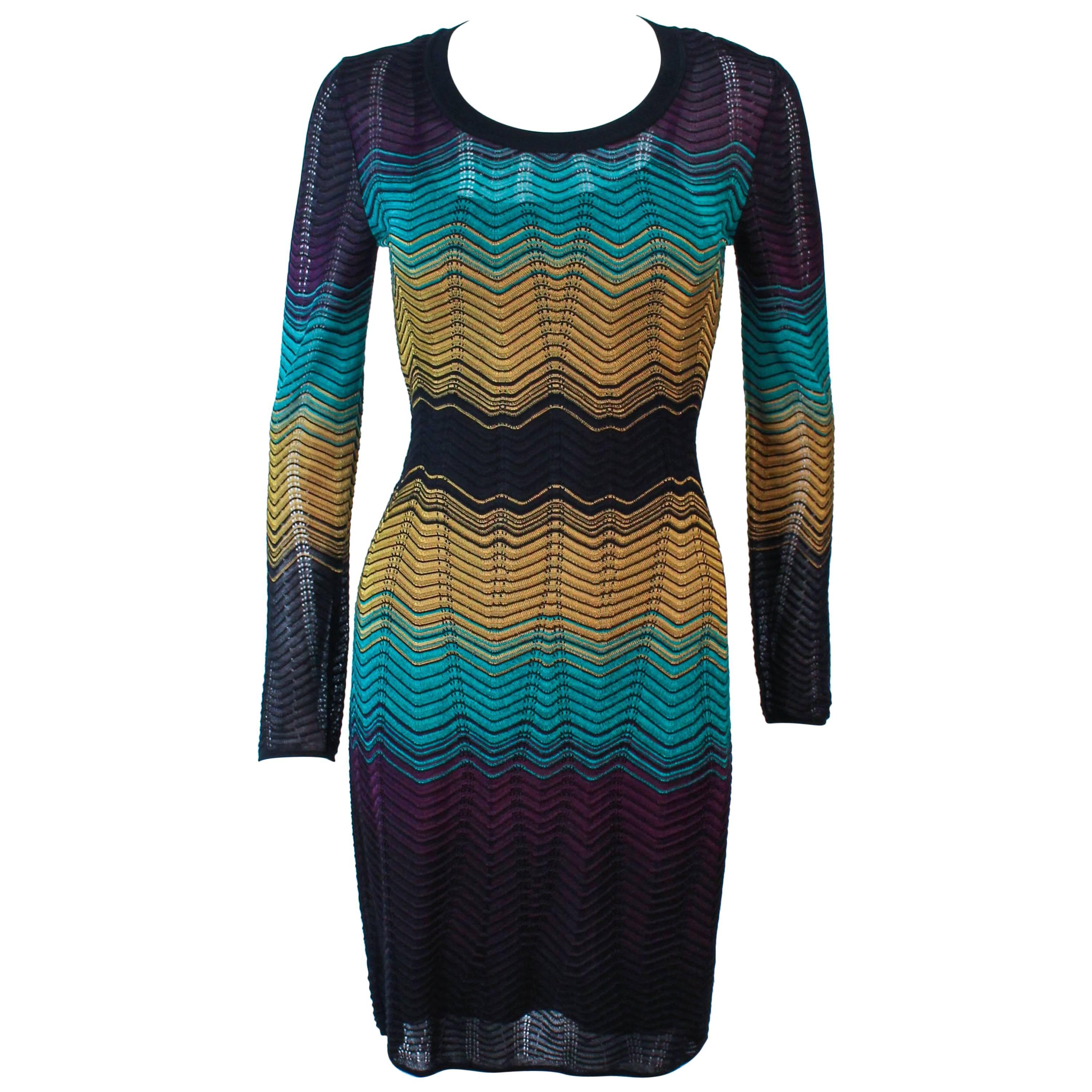 MISSONI NWT Navy and Mustard Zig Zag Knit Dress Size 40 For Sale