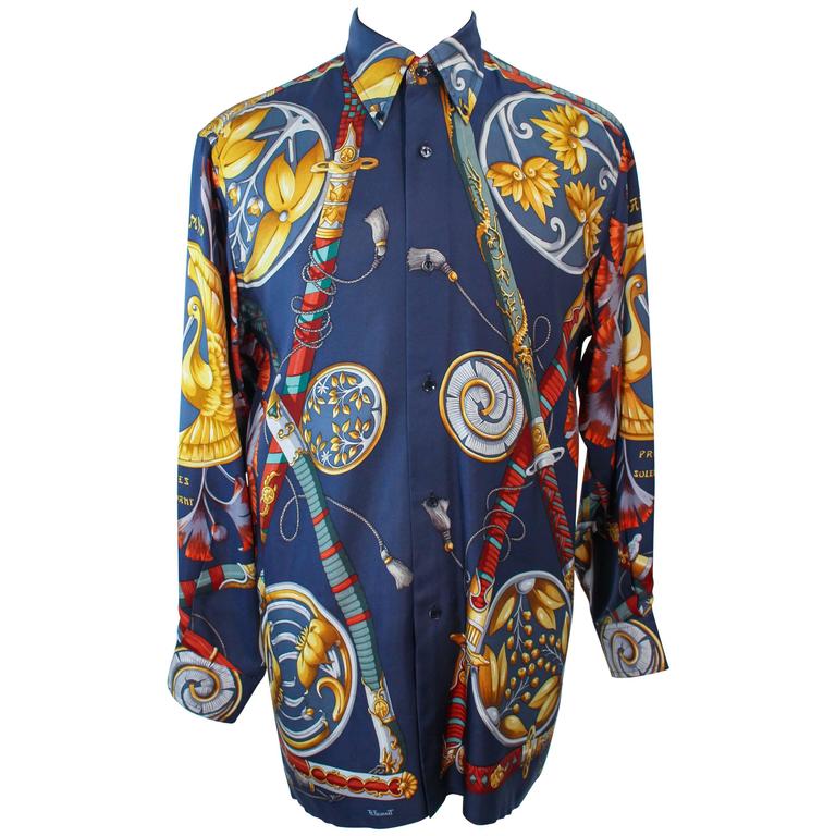 HERMES Vintage Men's Blue Silk Sword Print Shirt Size 39 at