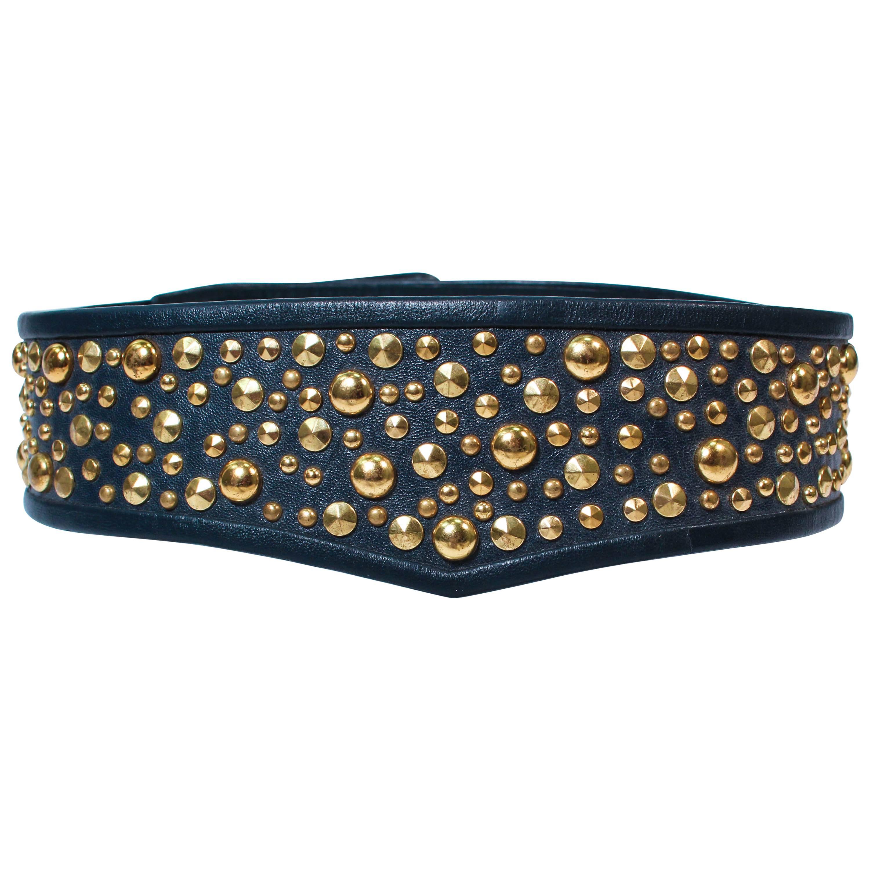 GALANOS Vinatge Navy Leather Gold Stud Applique Belt Size 4 6