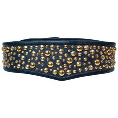 Vintage GALANOS Vinatge Navy Leather Gold Stud Applique Belt Size 4 6