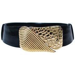 JUDITH LEIBER VIntage Black Lizard Belt with Large Gold Belt Buckle One Size 6